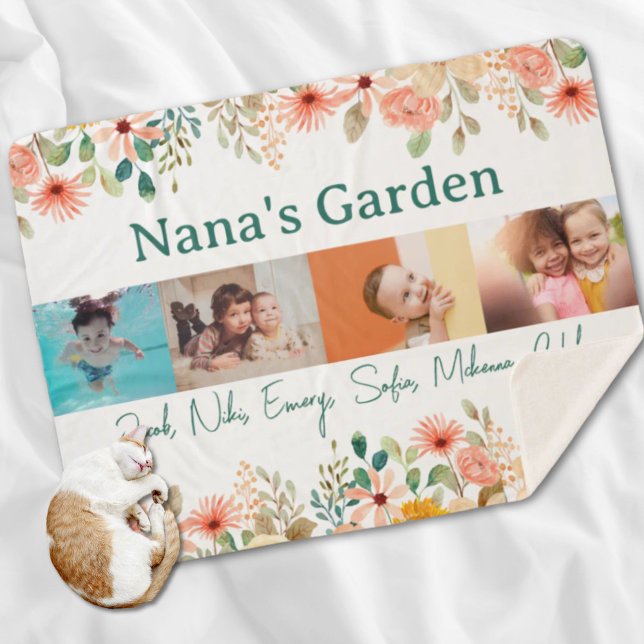 Cobertor Sherpa Colagem de Fotos Personalizada Nana Grandma's Gard (Personalized Photo Collage Nana Grandma's Garden Sherpa Blanket)