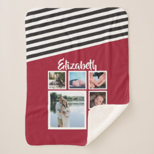 Cobertor Sherpa Colagem de Fotos Personalizada Vermelha Striped Ún