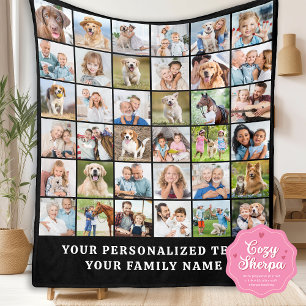 Cobertor Sherpa Colagem de Fotos Simples Preta Personalizada 36 Fo