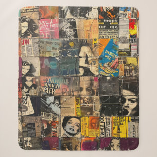 Cobertor Sherpa Colagem em Grid de Rock Punk Preto e Branco em Qua
