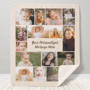 Cobertor Sherpa Colar de Fotos Personalizado Bege Neutro de 16 Fot