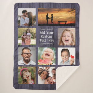 Cobertor Sherpa Colar de Fotos Personalizado Blue Wood com Texto