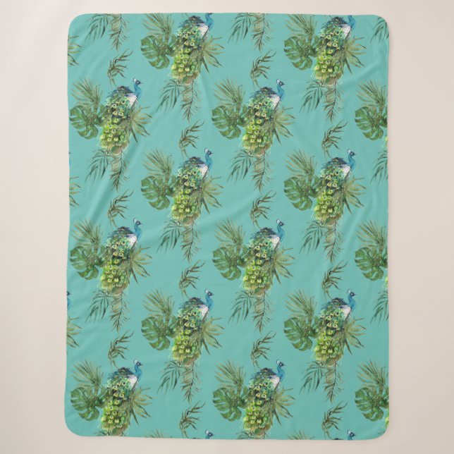 Cobertor Sherpa com Folhas Tropicais e Pavão (Frente)