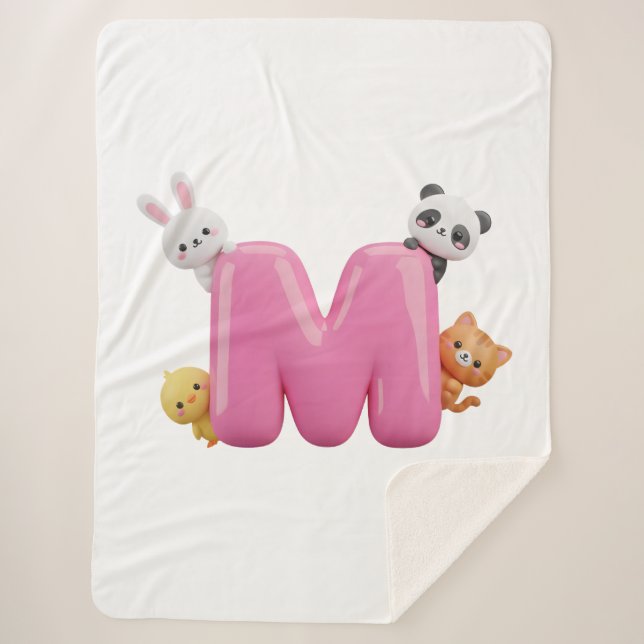 Cobertor Sherpa com Letra M 3D Rosa e Animais (Frente)