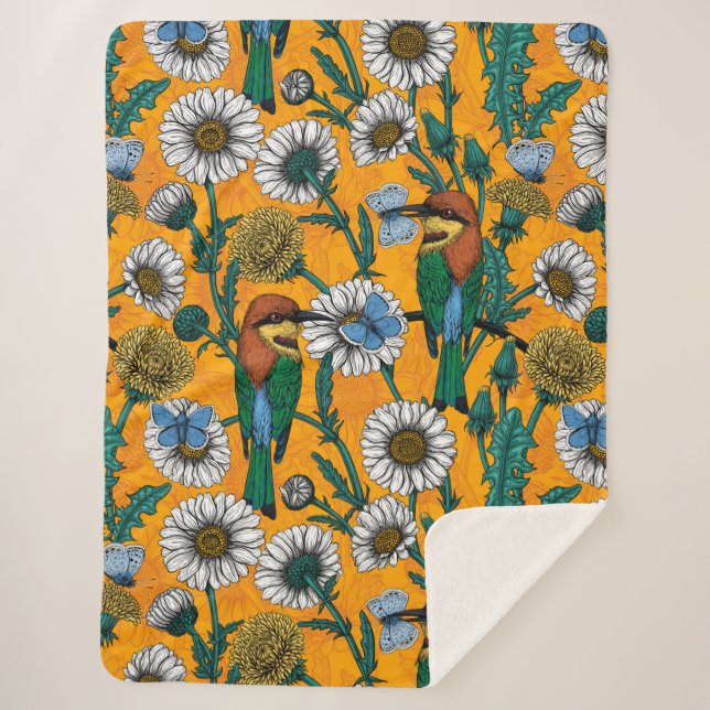 Cobertor Sherpa Comedores de abelhas, borboletas azuis e margarida (Frente)