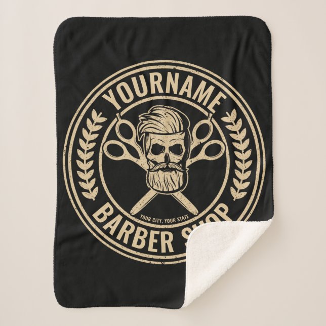 Cobertor Sherpa Compro de Barber Personalizado Skull Rockabilly Sa (Frente)
