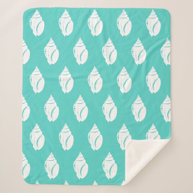 Cobertor Sherpa Conchas Brancas Costeiras e Verde Marinho (Frente)