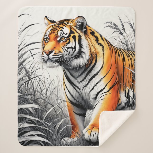Cobertor Sherpa Cor de Arte Tigre Desenho Branco Parcial Preto (Frente)