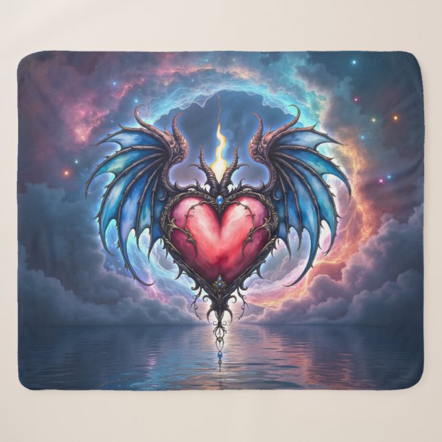 Cobertor Sherpa Coração Flamebound da Lua – Amor Cósmico Gótico  (Frente (Horizontal))