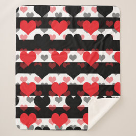 Cobertor Sherpa Corações de Amor Preto Vermelho com Stripes Branca