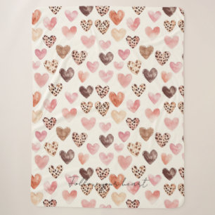 Cobertor Sherpa Corações de Impressão do Leopardo Castanho Rosa