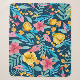 Cobertor Sherpa Cores de água botânica: flores, folhas, ornamento.