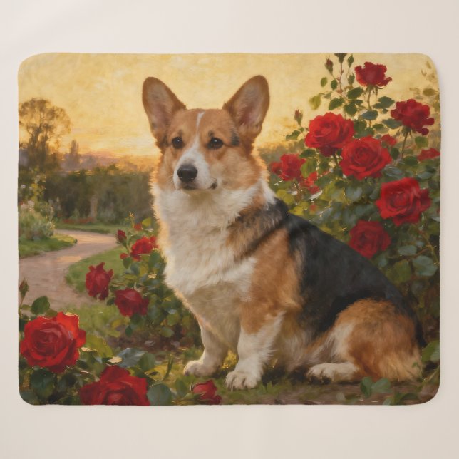 Cobertor Sherpa Corgi nas Rosas II (Frente (Horizontal))
