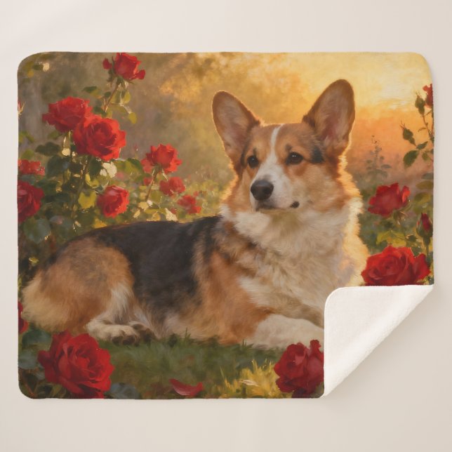 Cobertor Sherpa Corgi nas Rosas VI (Frente (Horizontal))