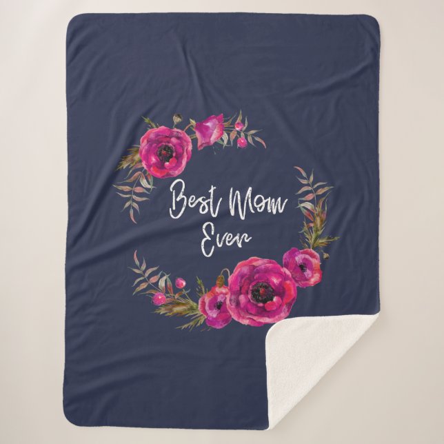 Cobertor Sherpa Coroa Floral Rosa Fúcsia Papoulas Melhor Mãe do Mu (Frente)