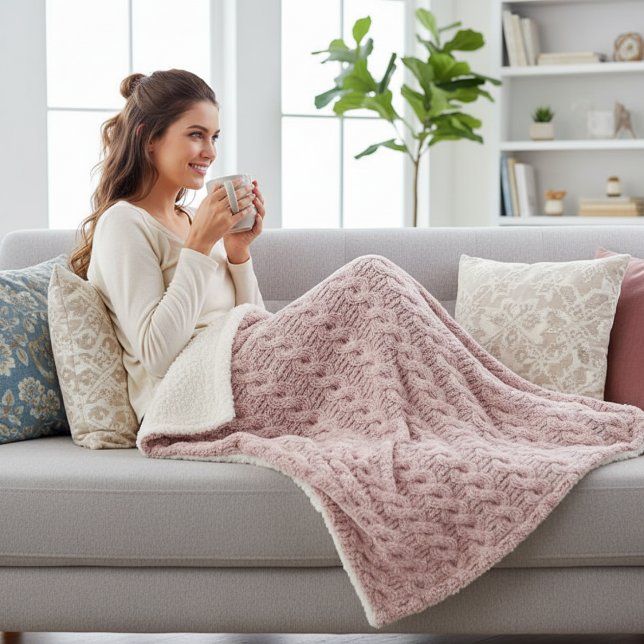 Cobertor Sherpa Cozy Dusty Rose Faux Cable Knit Pattern (Criador carregado)