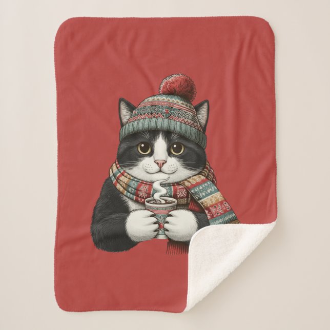 Cobertor Sherpa Cozy Winter Cat Cocoa (Frente)