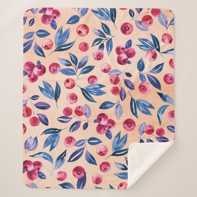 Cobertor Sherpa Cranberry Watercolor: Berries Selvagens Sem Costur (Frente)