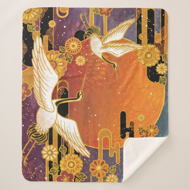 Cobertor Sherpa Crane Bird Chrysanthemum Padrão Japonês (Frente)