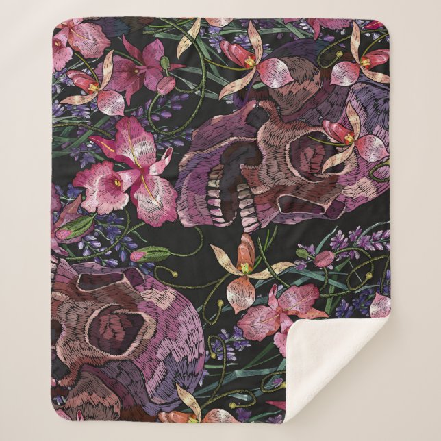 Cobertor Sherpa Crânio bordado: Padrão Orquídeo Gótico (Frente)