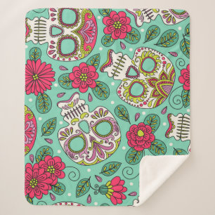 Cobertor Sherpa Crânio mexicano e flores, sem costura.