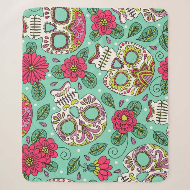 Cobertor Sherpa Crânio mexicano e flores, sem costura. (Frente)