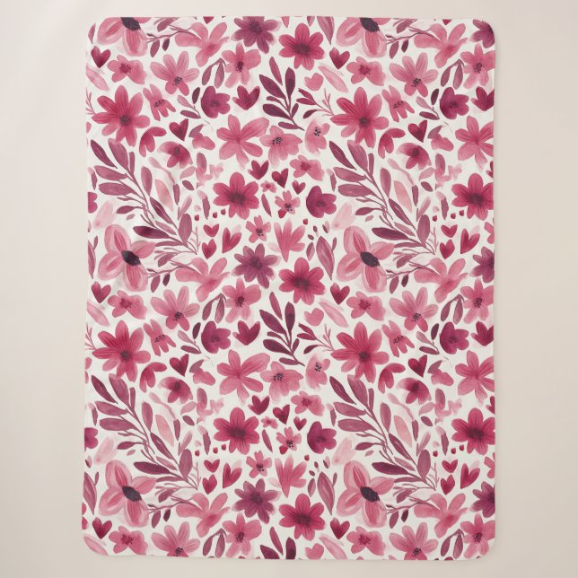 Cobertor Sherpa Creme Menina Rosa Flores Vermelhas Corações   (Frente)