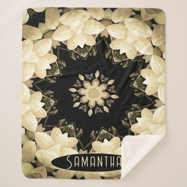 Cobertor Sherpa Creme personalizado de aquarela e Mandala preto (Frente)