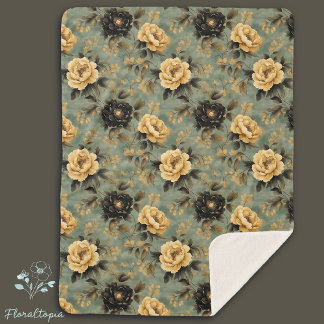 Cobertor Sherpa Creme Vintage Elegante e Padrão Floral Rosa preto