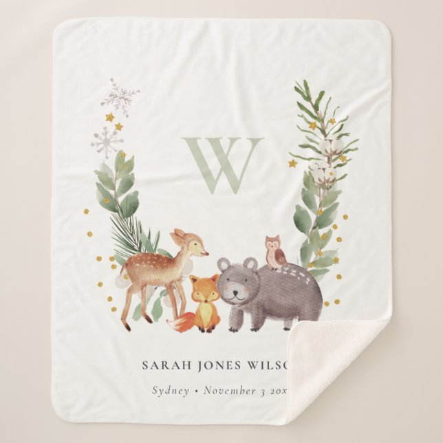 Cobertor Sherpa Crianças De Monograma De Leafia De Animais Da Flor (Frente)