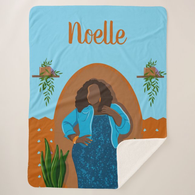 Cobertor Sherpa Curva, Mulher Negra, Plantas Domésticas, Laranja e (Frente)