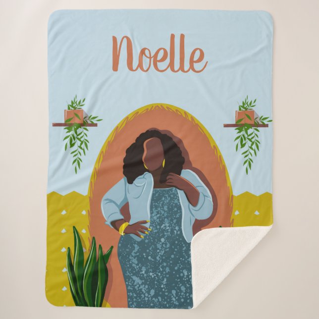 Cobertor Sherpa Curva, Mulher Negra, Plantas Domésticas, Mostarda  (Frente)