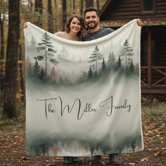 Cobertor Sherpa Custom Family Name - Misty Watercolor Forest 