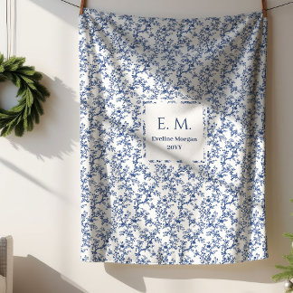Cobertor Sherpa Custom Name Dusty Blue Toile Floral Cozy Blanket