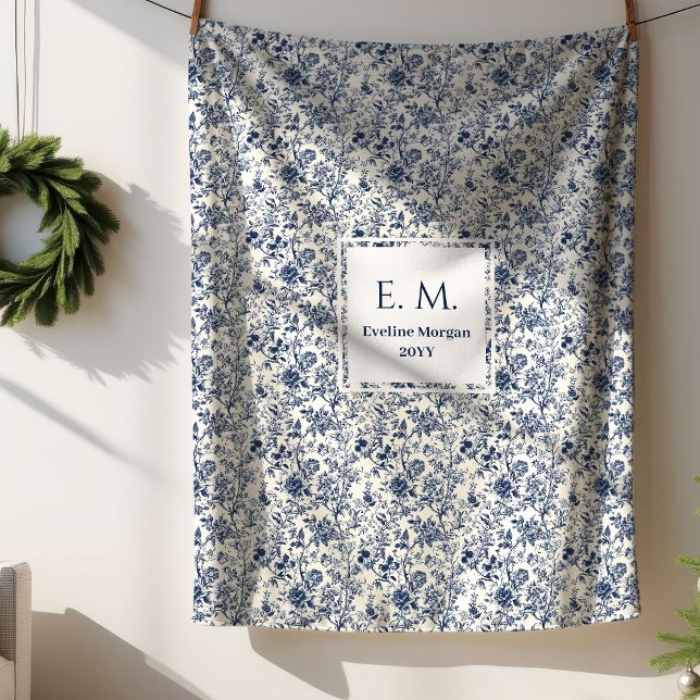 Cobertor Sherpa Custom Name Elegant French Toile Blue Blanket (Custom Name Elegant French Toile Blue Blanket)
