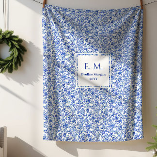 Cobertor Sherpa Custom Name French Toile Blue Blanket for Her