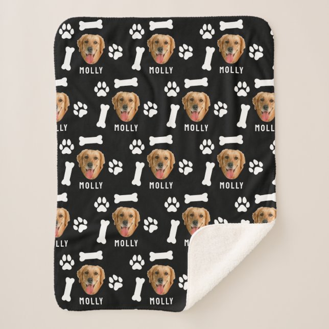 Cobertor Sherpa Customized Dog Pet Photo & Name Black (Frente)