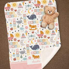 Cobertor Sherpa Cute Baby Girl Pink Pattern with Name