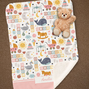 Cobertor Sherpa Cute Baby Girl Pink Pattern with Name