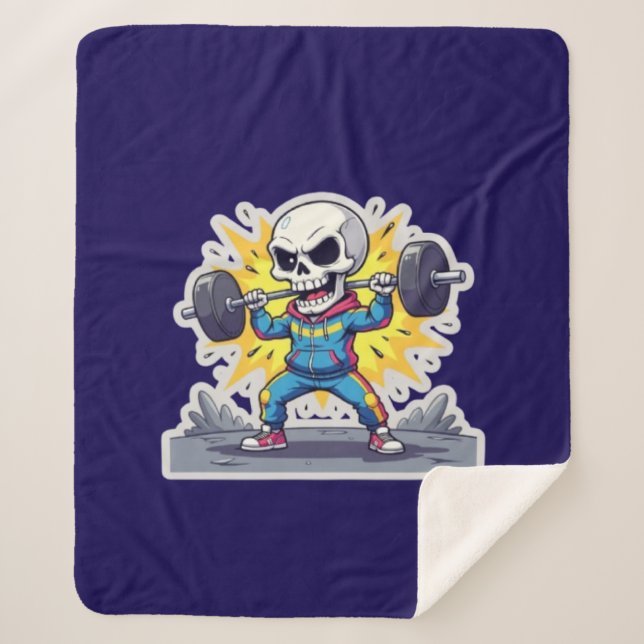 Cobertor Sherpa “Cute Cartoon Skeleton Weightlifter • Funny Gym Ba (Frente)
