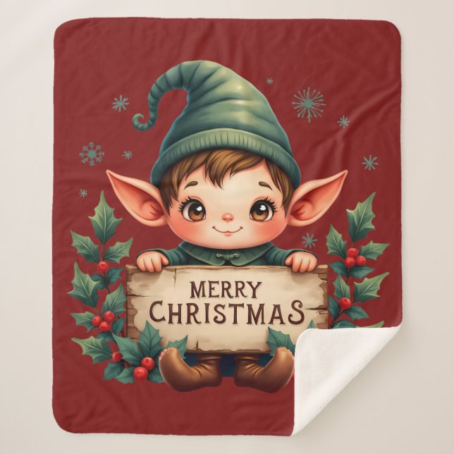 Cobertor Sherpa Cute Christmas Elf Holding Merry Sign Red (Frente)