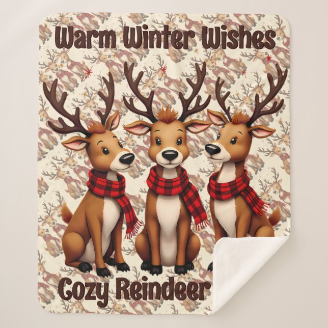 Cobertor Sherpa Cute Christmas Reindeer Trio with Plaid Scarves (Frente)