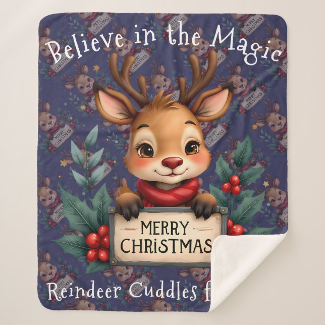 Cobertor Sherpa Cute Christmas Reindeer with Holly and Sign (Frente)