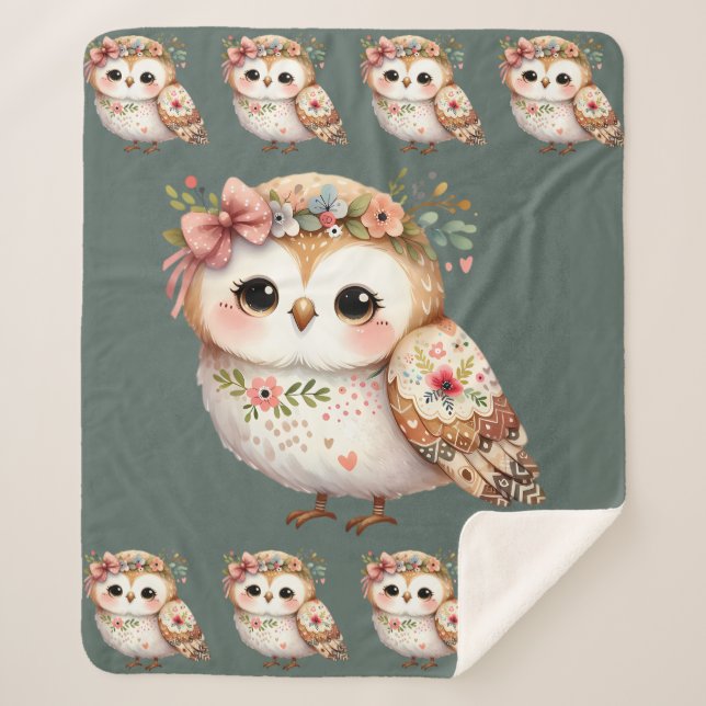 Cobertor Sherpa Cute Floral Owl with Bow (Frente)