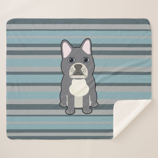 Cobertor Sherpa Cute French Bulldog Blue Striped (Frente (Horizontal))