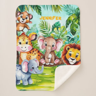 Cobertor Sherpa Cute Kids Safari Selva Animal Personalizado Nome