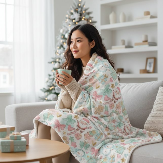 Cobertor Sherpa Cute Pastel Kawaii Winter Santa & Snowman Pattern (Criador carregado)