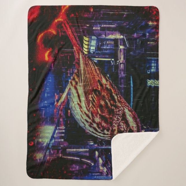 Cobertor Sherpa Cyberpunk Sparrow em Neon Cityscape (Frente)