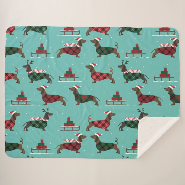 Cobertor Sherpa Dachshances Natal Vestindo Suéter e Santa Hat (Frente (Horizontal))
