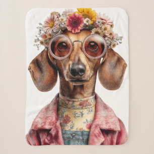 Cobertor Sherpa Dachshund Floral com Estilo Vintage